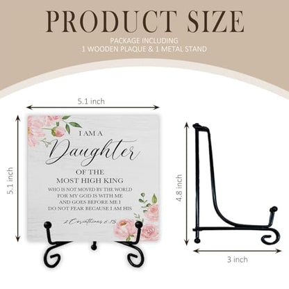 Christian Wooden Desk Sign, I Am a Daughter of the King Bible Verse Religious Wood Plaque With Stand for Girls Room Dorm Nursery Bedroom Home Desk Tabletop Shelf Decor
