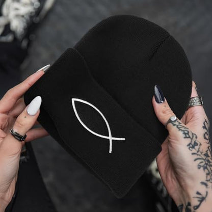 Christian Jesus Fish Beanie Hat for Men Women, Cuffed Beanie Jesus Hats, Religious Gifts for Christmas, New Years - color: Black, style: Fish