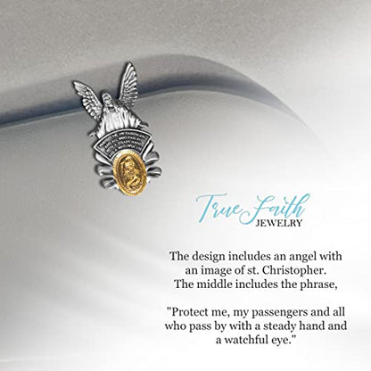 True Faith Jewelry Pewter and Gold Plated St Christopher Visor Clip for Car, Guardian Angel Patron Saint of Travelers, Gift for New Driver, Fine Pewter (92% Tin), 2-1/4 x 1-1/4 Inch - size: St. Christopher 2