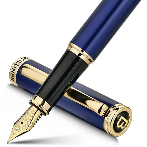 BEILUNER Blue Fountain Pen,Stunning Luxury Pens with 24K Gold Accents, Gorgeous 24K Gilded Nib(Extra Fine), Fancy Pen Gift for Men&Women -Ink Converter-Elegant, Reliable,Graduation Presents, Nice Pen - color: Blue&Gold, style: Extra Fine Nib