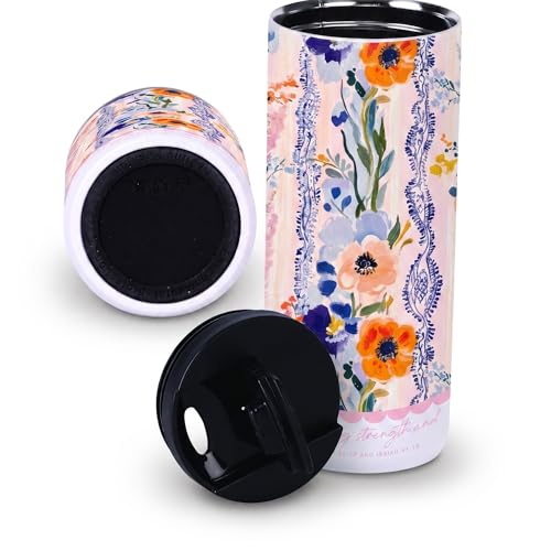 Stainless Steel Insulated Travel Mug – Double-Wall Vacuum Tumbler with Leak-Proof Lid & Silicone Base – Jeremiah 30:17 & Isaiah 41:10 "Bringing Strength" Faith Design – Orange Poppy & Navy Floral - style: Bringing Faith