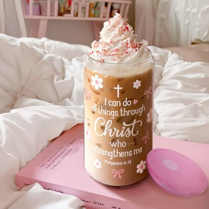 SANDJEST Christian Glass Can Tumbler 16oz, Inspirational Glass Cup with Lid & Straw, Iced Coffee Aesthetic Cups for Women Girls, Gifts Idea for Christmas Birthday - color: Christian 2