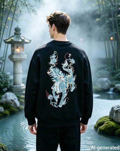 Niepce Inc Men's Embroidered Graphic Crewneck Sweatshirt - color: Black-blue Kirin, size: Large