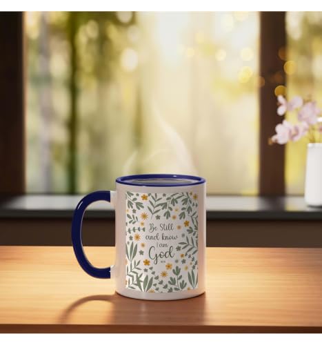 Be Still & Know That I Am God Psalm Bible Verse Floral Women Ceramic Mug, Dark Blue/White, 11oz - color: Dark Blue/White, size: 11 Ounces