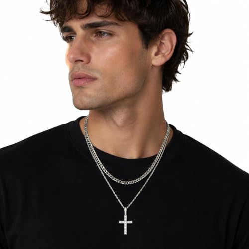 Fiusem Layered Cross Necklace for Men, Stainless Steel Cuban and Rope Chain - color: Silver, size: 20/22 inches