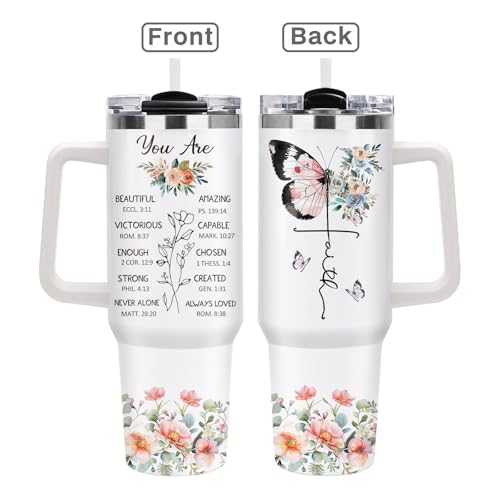 Christian Gifts for Women, 40oz Religious Butterfly Floral Tumbler with Handle, Christ Faith Bible Verse Insulated Travel Mug, Inspirational Spiritual Mother's Day Present for Mom Grandma Sister - color: Religious-D-356-E