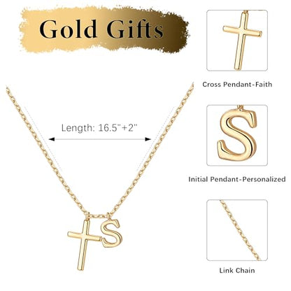 Cross Initial Necklace for Women, 14K Gold Plated Dainty Cross & Letter(A-Z) Pendant Necklace, Personalized Monogram Letter Christian Jewelry,Baptism First Communion Confirmation Easter Gift - color: S