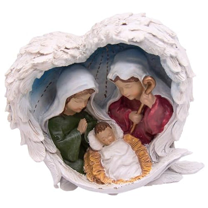 Wowser Nativity Scene Figurine with Angel Wings, Holy Family Christmas Decoration, Mary Joseph Baby Jesus Statue, Religious Holiday Tabletop Decor, 6.5 Inch Resin Keepsake Gift