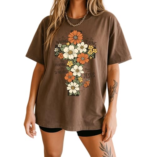 Daytee Christian Floral Cross Shirt Garment Dyed Faith Tee Inspirational Jesus Shirt Religious Flower Graphic Shirt - size: X-Large