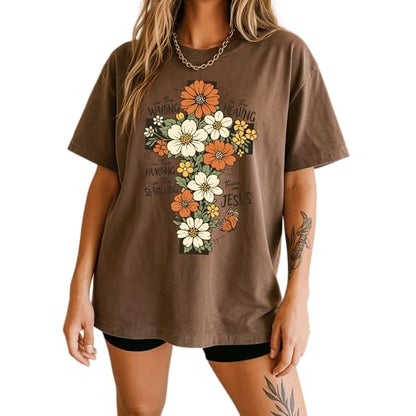 Daytee Christian Floral Cross Shirt Garment Dyed Faith Tee Inspirational Jesus Shirt Religious Flower Graphic Shirt - size: X-Large