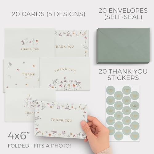 ZICOTO Beautiful Thank You Card Set With Envelopes and Stickers - Set of 20