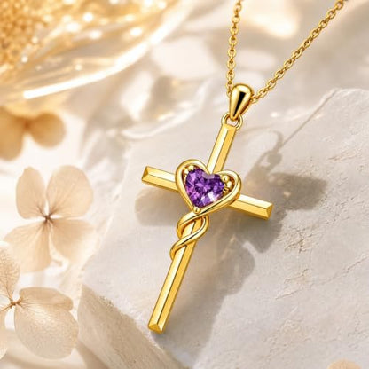 Birthstone Cross Necklace for Women 14K Gold Plated Heart Infinity Cross Pendant Necklace Christian Religious Jewelry Anniversary Birthday Gifts for Wife Mom Her - color: Feb/Amethyst