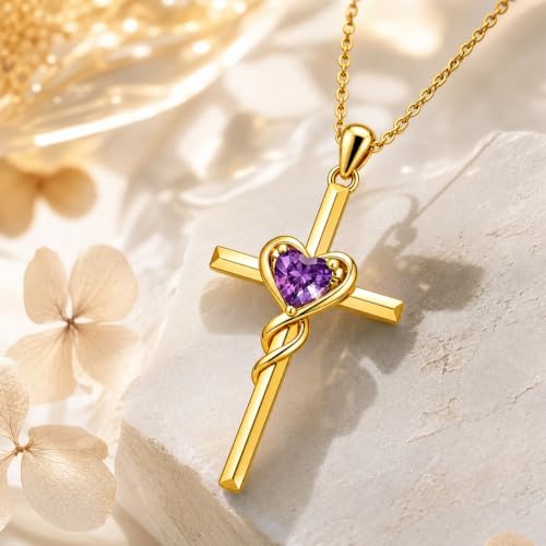 Birthstone Cross Necklace for Women 14K Gold Plated Heart Infinity Cross Pendant Necklace Christian Religious Jewelry Anniversary Birthday Gifts for Wife Mom Her - color: Feb/Amethyst