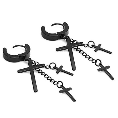 JewelrieShop Cross Tassel Stainless Steel Urban Huggie Hinged Hoop Dangle Earrings - color: 02. 2 Pairs (Steel + Black)