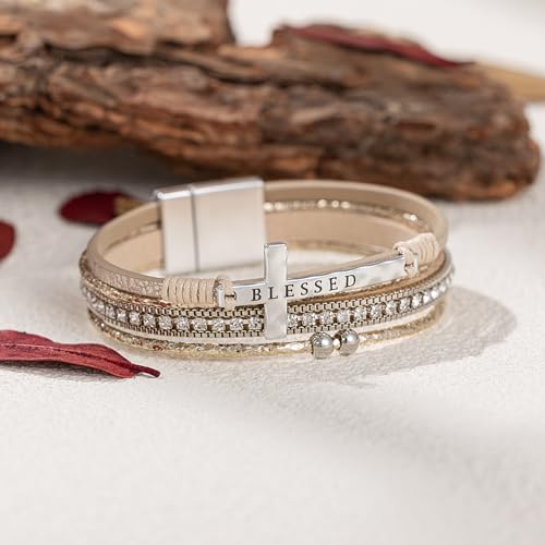 Christian Cross Leather Bracelets Boho Western Blessing Religious Jewelry - color: Gold