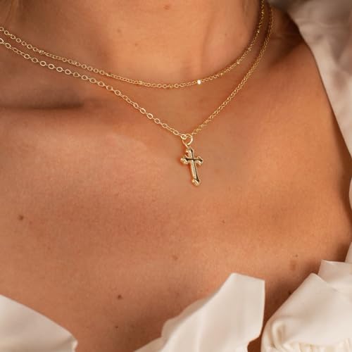 Rotnso Cross Necklace for Women 14K Gold Plated Dainty Small Pendant Choker - style: 2 Layered Bead+Vintage Cross-GD