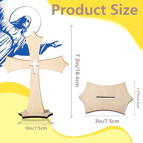 24 Pcs Wooden Crosses for Crafts 4 Styles Unfinished Catholic Wooden Crosses Bulk with Stands Cross centerpieces for Tables Wood Standing Cross for First Communion Baptism Easter Decor