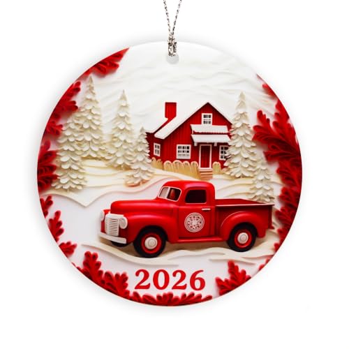 Red Truck Christmas Ornaments, Christmas Ornaments 2026, Vintage Farmhouse Holiday Decoration, Rustic Red Pickup Scene, Cozy Winter Keepsake, Classic Festive Gift for Tree Display - color: Red Car
