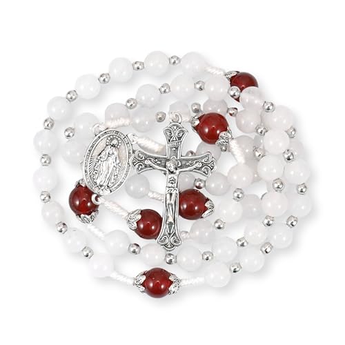 Nazareth Store 8mm White Jade & 10mm Natural Stone Beads Rosary Necklace St. Miraculous Medal & Cross Crucifix Catholic Prayer Beads Religious Jewelry - color: Red Garnet