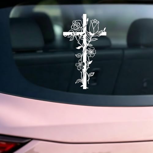 Cross Car Decal, Floral Cross Sticker for Car, Christian Car Decals, Waterproof Vinyl Decal for Car Window, Bumper, Laptop, Flower Cross Sticker Gift - color: White