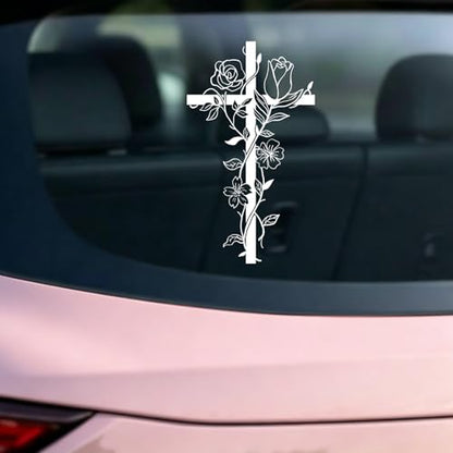 Cross Car Decal, Floral Cross Sticker for Car, Christian Car Decals, Waterproof Vinyl Decal for Car Window, Bumper, Laptop, Flower Cross Sticker Gift - color: White