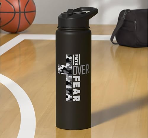 Faith Over Fear Christian Camo Cross Religious Bible Verse Stainless Steel Insulated Water Bottle - color: Black