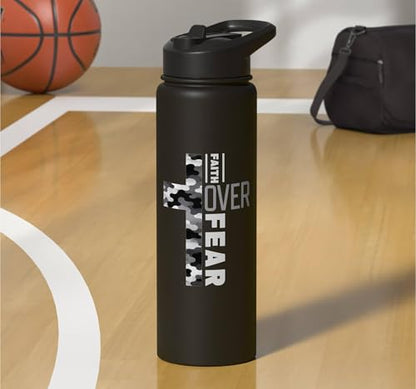 Faith Over Fear Christian Camo Cross Religious Bible Verse Stainless Steel Insulated Water Bottle - color: Black