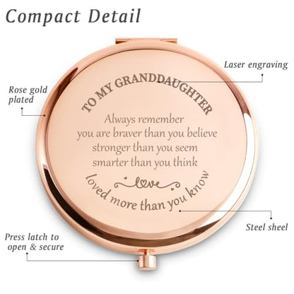Personalized Gifts for Granddaughter, Custom Granddaughter Gifts for Birthday, Engraved Compact Mirror, Mothers Day Basket Stuffers - color: Granddaughter - Braver,stronger,smarter,loved