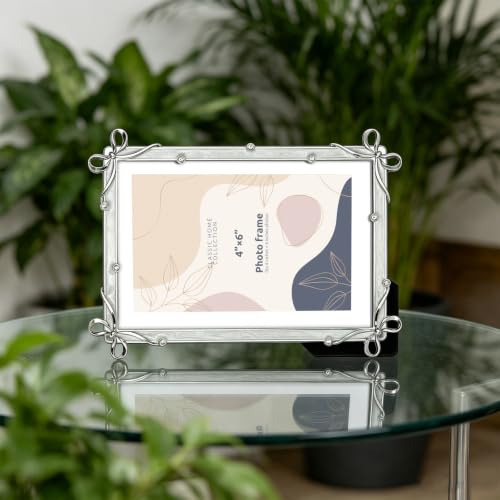Classic Home Collection Silver Photo Frame, 4x6 Inch, Bow Accents with Crystal, Decorative Picture Frame (Silver) - color: Silver