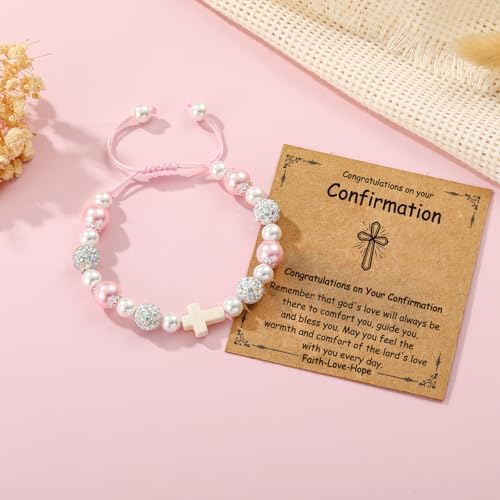 First Communion Confirmation Gifts for Girls, Cross Natural Beads Bracelet Christian Religious Jewelry Gifts for Kids Teen Girls - style: Confirmation