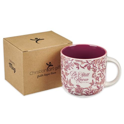 Christian Art Gifts Large Ceramic Microwave/Dishwasher Safe Coffee & Tea Mug for Women: Be Still & Know Inspirational Bible Verse, Non-toxic, Lead & Cadmium-free Cup, Dark Pink & White Floral, 12 oz.