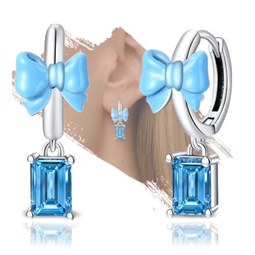 925 Sterling Silver Cute Animal Unique Huggie Hoop Earrings for Women - color: Blue Bow