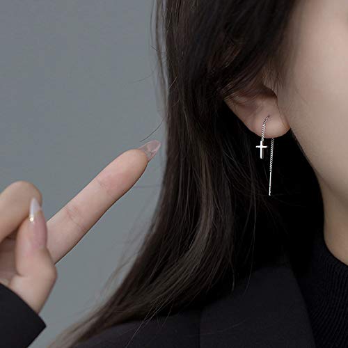 Minimalist Cross Threader Tassel Dangle Earrings S925 Sterling Silver Charm Long Dangling Drop Earring Fashion Jewelry Gift for Women Sensitive Ears Valentines Day Presents