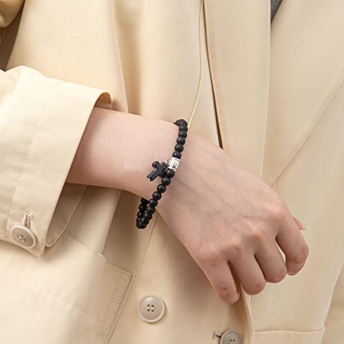Softones 6mm Bead Cross Pendant Bracelet for Women Healing Stone Stretch Prayer Bracelet for Women,with Gift Box - color: Onyx