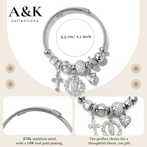 A&K Collections Mothers Day 18K Gold Beads Easter Basket Stuffers Bangle with Rhinestones Pandora Style Trendy Cross Heart Charm Luxury Adjustable Bracelet for Women Teen Girl Gifts Trendy Stuff Religious Jewelry - color: SILVER