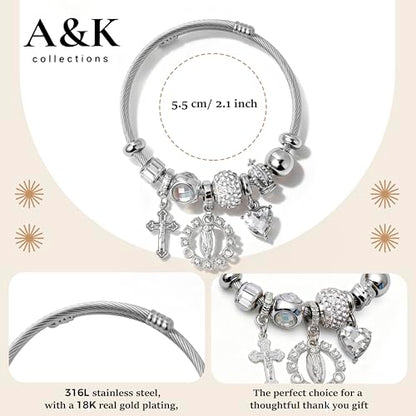 A&K Collections Mothers Day 18K Gold Beads Easter Basket Stuffers Bangle with Rhinestones Pandora Style Trendy Cross Heart Charm Luxury Adjustable Bracelet for Women Teen Girl Gifts Trendy Stuff Religious Jewelry - color: SILVER