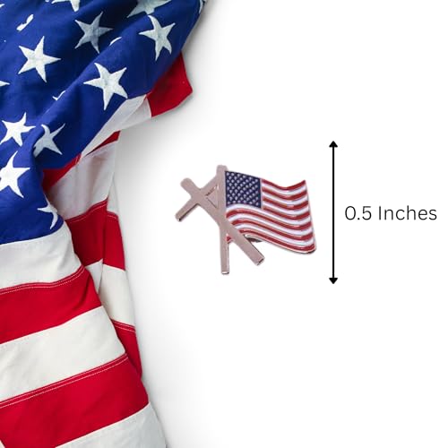 American Flag and Cross Lapel Pin, Silver Plated Enamel, Butterfly Clutch Back, 0.5 Inches