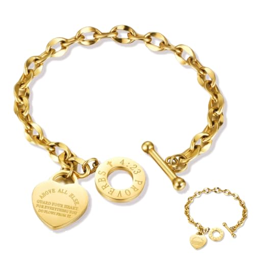 Heart Charm Bracelet Plated 18K Gold/Silver/Rose Gold Bible Scripture Heart Bracelet for Women Jewelry Gift Her Link Chain OT Clasp Stainless Steel - color: 18k Gold（7.1 inch）
