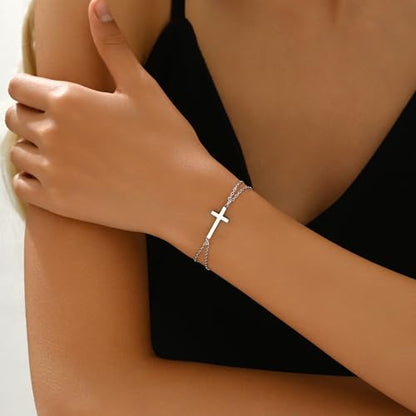 18K Gold Plated Pearl Beaded Cross Bracelets for Women Adjustable - color: Double O Cross-White Gold