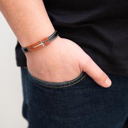 ARK & BAY Christian Leather and Rosewood Cross Bracelet For Men In Gift Box With Bible Verse | Meaningful Religious Scripture Jewelry For Him | Catholic Watch Strap Style Wristband For Husband, Boyfriend, Dad, Son, Brother, Nephew, Grandson, Friend, Grand