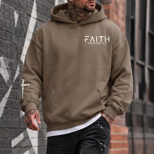 Christian Hoodies for Men Faith Cross Graphic Hoodie Jesus Fleece Sweatshirts Bible Verse Religious Pullover Tops - color: Coffee, size: Small