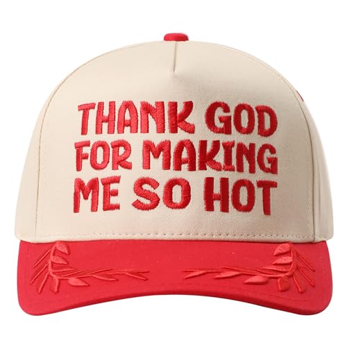 MIRMARU Christian Theme 5 Panel Embroidered Cotton Trucker Hat with Inspirational Faith Sayings for Men and Women - color: Thank God for Making Me So Hot, Red