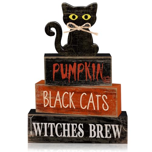 Lineshading 4 Pcs Halloween Table Decor for Home, Wooden Black Cat Sign Set - style: Black Cat