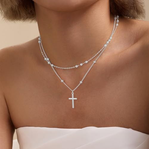Cross Necklace for Women - Dainty 14K Real Silver Gold Plated Layered Pendant Necklace Stack Simple Trendy Cute Charm Choker Necklaces Jewelry Gift for Teen Her - style: Bead Set Silver
