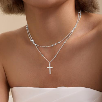 Cross Necklace for Women - Dainty 14K Real Silver Gold Plated Layered Pendant Necklace Stack Simple Trendy Cute Charm Choker Necklaces Jewelry Gift for Teen Her - style: Bead Set Silver