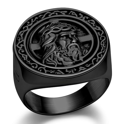 Christian Cross Rings for Men - Stainless Steel Jesus Jewelry with Celtic Knot Sides (Gold/Black/Silver) - Catholic Religious Gift, Size 7-13 - color: I: Black-Jesus