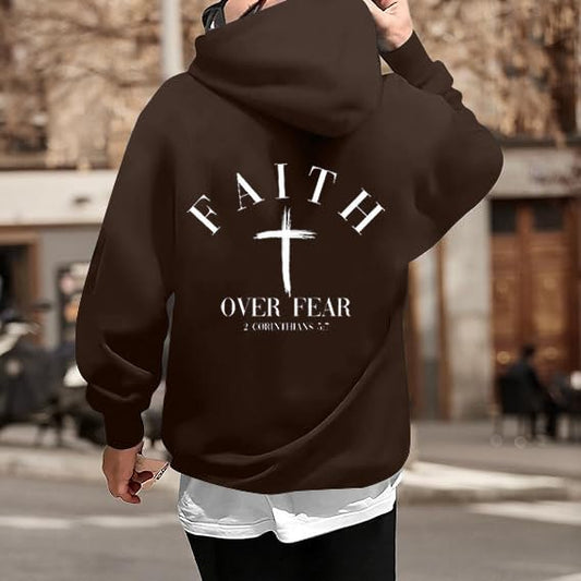 Men Faith Over Fear Christian Cross Graphic Pullover Hoodie - color: Brown, size: X-Large