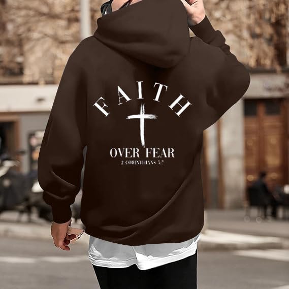 Men Faith Over Fear Christian Cross Graphic Pullover Hoodie - color: Brown, size: Large