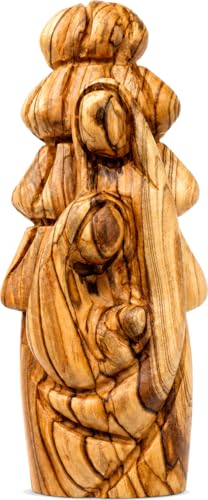 Zuluf Olive Wood Holy Family Nativity Statue 6.9 Inch with Carved Olive Tree Back, Hand-Carved Bethlehem Two-Sided Sculpture of Joseph Mary Baby Jesus, Catholic Mantle Centerpiece Christmas Decor Gift