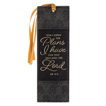 Christian Art Gifts Premium Faux Leather Bookmark: I Know the Plans - color: Blac & Charcoal Floral/Know the Plans